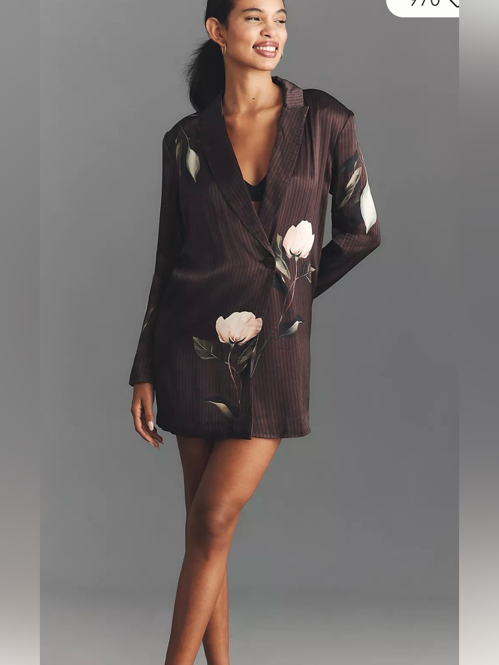 By Anthropologie Silky Floral Blazer Mini Dress Brown Satin Print Size Small
